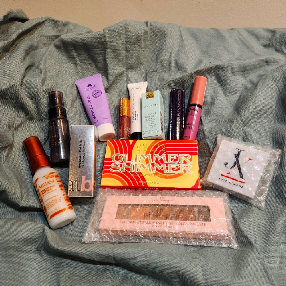 Makeup, Hair, & Skincare (New/Unused) Bundle with Small Green Clutch